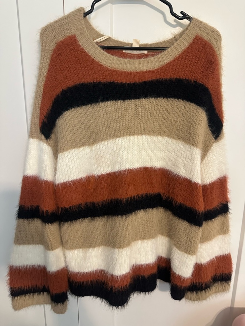 Striped Fuzzy Crew Neck Sweater - Rust, Cream, Black, Tan